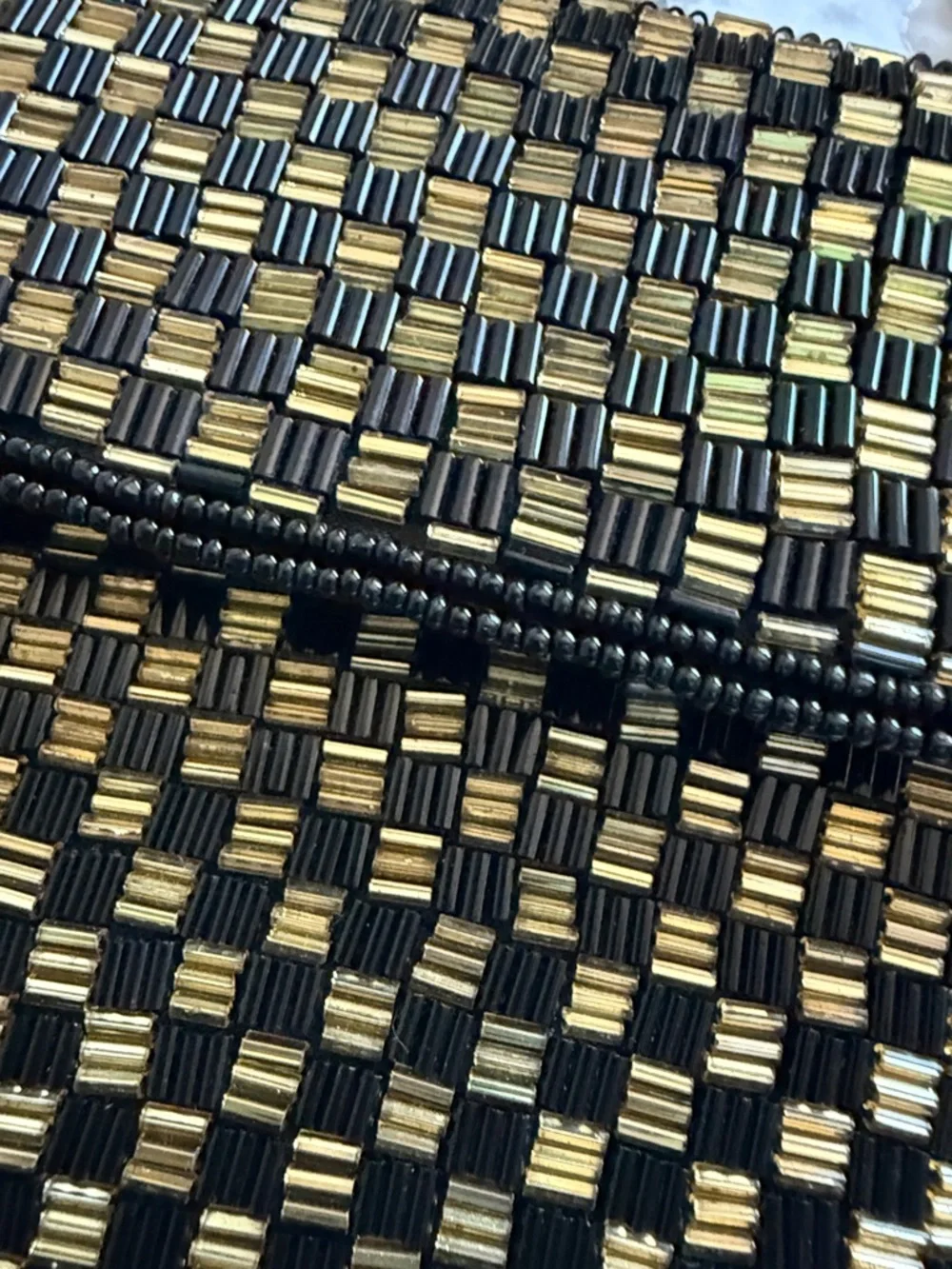 Vintage Beaded Checkerboard Clutch Crossbody Bag Gold Black Art Deco